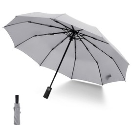 SHELFLOVER Folding Umbrella, Strong Compact Umbrella 10 RIBS, Wind & Rain Umbrellas Outdoor Essential, Auto Open&Close, Grey