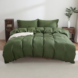 Triton French Linen Duvet Cover Set 3PCS Queen Size 92x92Inch,100% Natural Linen Duvet with Coconut Button Closure,Breathable Soft Washed Flax Bedding Comforter with 2 Pillowcases(Green,Full/Queen)