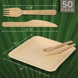Compostable Square Palm Leaf Plates 10 Inch with Forks & Knives (50 Each) - Disposable Dinnerware Set, Biodegradable, Eco-Friendly, Microwave & Oven Safe, Bamboo Plate Alternative