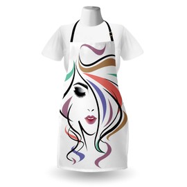 ABAKUHAUS Hairdresser Cooking Apron, Smokey Eye Make-Up, Lady Illustration with Colourful Wavy Hair Stripes and Curly Lines, Height Adjustable, Clear Colours, 67 cm x 80 cm, Purple, Coral, Black,