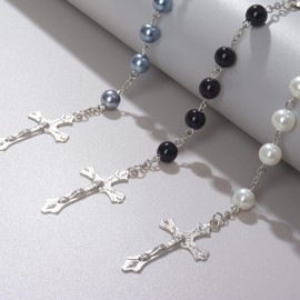 Rosary Necklace for Women Cross Necklace Baptism Gifts for Women Pearl Necklace Christian Religious Rosary Beads Catholic Jesus Religious Jewelry Gifts