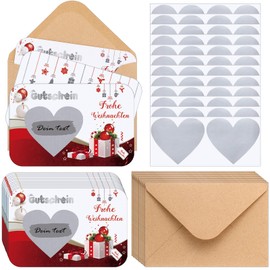 Clabby 12 Christmas Voucher Scratch Card 12 Kraft Paper Envelopes 12 Scratch Stickers Winning Scratch Card Heart Shaped Scratch Card Christmas Birthday Party Accessories Holiday Activities