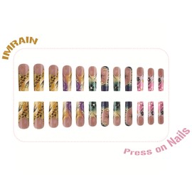 IMRAIN Press on Nails Long Square Fake Nails Colorful Ombre French Nail Tips Full Cover Glossy Glue on Nails Acrylic Summer Color False Nails for Women Girls 24Pcs Stick on Nails