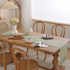 Rustic Farmhouse Style Linen Table Runner, Vintage Woven Cotton Linen Table Runner with Handmade Tassel, for Holiday Party and Dining Room Dresser Decor (GREEN)