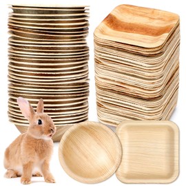 LOYIM 50 Pcs Disposable Palm Leaf Bowls Plates Set for Rabbits 4", Sturdy Bamboo Party Bowls Decorative Compostable Tableware for Rabbits Easter Birthday Outdoor BBQ Picnic Wedding