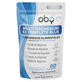 Oby Magnesio Complex 5 tipos: Citrato de Magnesio, Glicinato, Treonato, Taurato, Malato, Vitamina D3 y Espirulina Azul - Alta Pureza, Biodisponibilidad, Absorción. Polvo 600g Sabor Mora Azul, 60 tomas