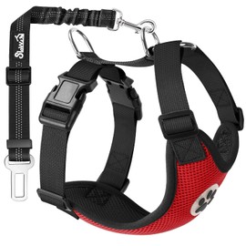 SlowTon Dog Car Harness Seatbelt Set, Dog Vest Harness Adjustable with Breathable Mesh & Vehicle Safety Seat Belt Tether with Elastic Bungee for Small Medium Large Dogs (Red,Large)