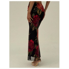 Milumia Women's Floral Ruched Mesh Maxi Skirt Elegant Lettuce Trim Fishtail Long Skirts Black and Red Medium