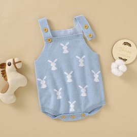 MoZiKQin Baby Girl Boy Easter Bunny Romper Sleeveless Knitted Bodysuit Jumpsuit My 1st Easter Outfit Cute Clothes