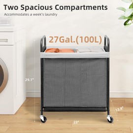 STORAGE MANIAC Rolling Laundry Basket with Wheels 2-Section Laundry Sorter Rolling Laundry Hamper on Wheels Laundry Cart with Removable Bag Clothes Hamper Laundry Organizer Bathroom Bedroom 100L Grey