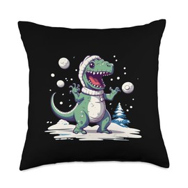 Funny Snowball Fights Happy Dinosaurs and Snowball Fighter Throw Pillow, 18x18, Multicolor