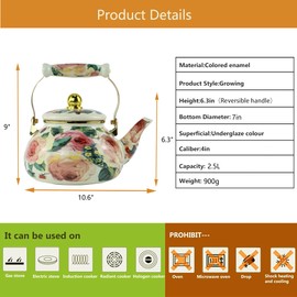 Leebright Floral Enamel Tea Kettle Vintage Gold Beige Teapot Beige Floral Boho Hot Water Coffee Kettle Pot 2.5L Porcelain Tea Pot with Ceramic Handle for Stovetop Kitchen Home Decor
