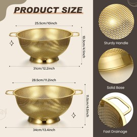 Baderke 5 Pcs Gold Strainers and Colanders Set Including 4/5 Quart Stainless Steel Colanders with Handles and 3 Pcs Fine Mesh Strainers for Kitchen Draining Rinsing Pasta Vegetables Rice
