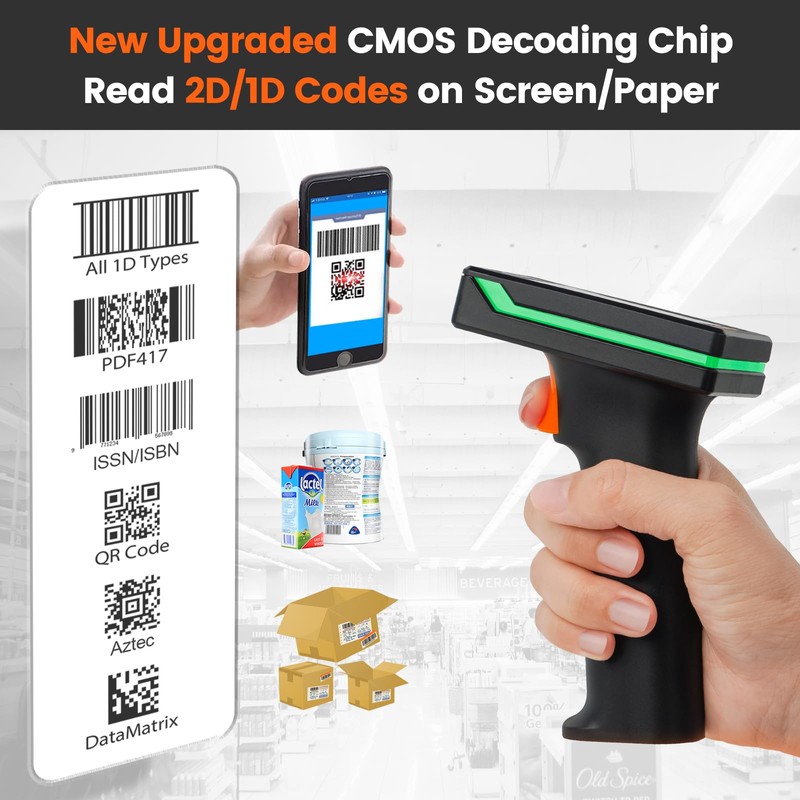 OBZ 2D Bluetooth Barcode Scanner with Large Screen, Compatible with