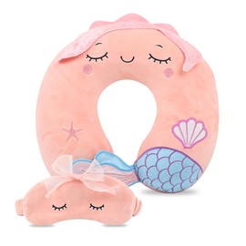 Sexysamba Travel Pillow for Kids Adults with Sleep Eye Mask Cute Cartoon U Shaped Memory Foam Neck Pillows for Travel Head Rest & Neck Support for Airplane, Car, Office Sleeping, Pink Mermaid
