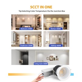 Adetu 2 Inch 5CCT Anti-Glare LED Recessed Ceiling Light with Junction Box, 2700K/3000K/4000K/50000K Selectable, CRI90+, 8W, 840LM, Dimmable Canless Water Downlight-ETL&FCC (White, 1 Pack)