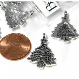 Bedazzlinbeads 3 Antique Silver 1 inch Decorated Christmas Tree Metal Charms with Ring Hole