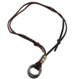SING F LTD Brown Leather and Alloy O-Shape Double Ring Pendant Adjustable Necklace Men Women Unisex Choker Necklace Gifts