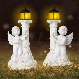 HOSTK Angel Statues with Solar Lights, Outdoor Solar Angel Garden Statue with Roma Pillar, Resin Angel Ornament for Garden Decor Yard Wedding Home Decor Christian Religious Gift
