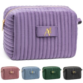 COSHAYSOO Purple Initial Makeup Bag Girly Gifts for Women Teen Girl Unique Personalized Boo Burr Basket Stuffers Halloween Christmas Presents Gift Ideas, Monogram Quilted Cosmetic Bags Travel Letter A