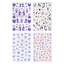 4 Sheets Flower Nail Stickers for Women, 3D Colorful Flower Nail Decals for Nail Art Supplies Spring Summer Floral Stickers for Nails Design Self-Adhesive Floral Sticker Manicure Decor Accessories