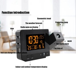 AUNMAS Projection Alarm Clock, 85 x 135 x 30 mm, Black Wireless Indoor/Outdoor Thermometer, Temperature Humidity Meter with Temperature Humidity Monitoring and Calendar for Bedroom (EU 230V)