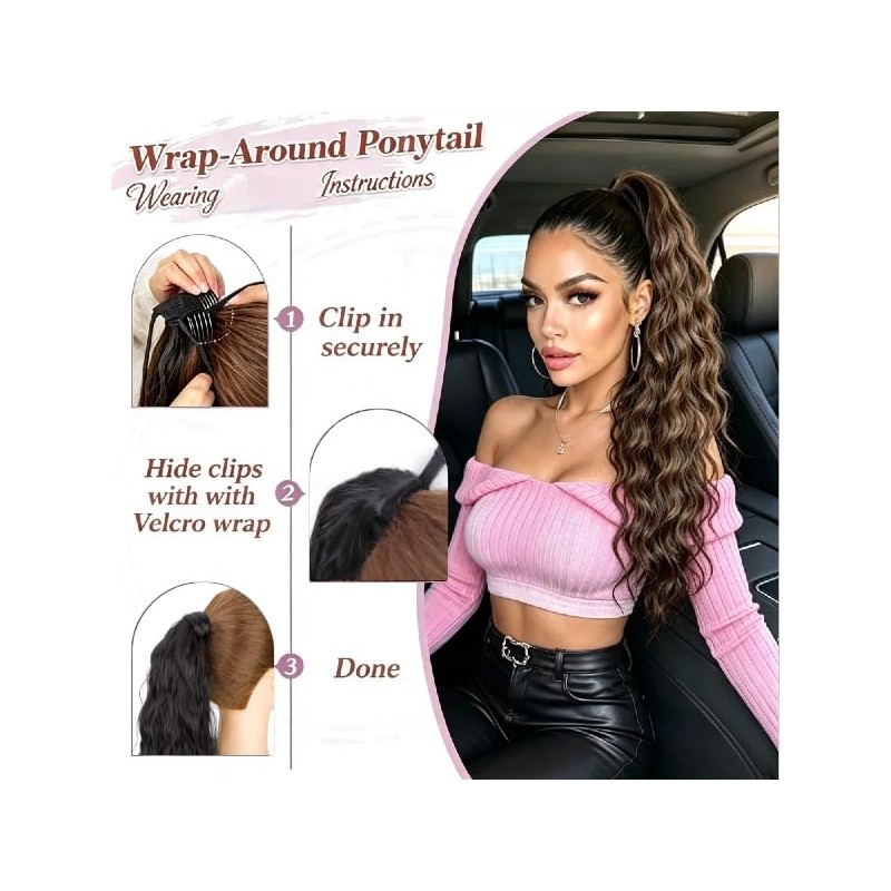 Ponytail Extension Magic Paste, 22Inch Ash Brown Highlighted Honey Blonde