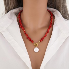 lmoikesz Vintage Baroque Pearl Necklace for Women, Natural Irregular Rubble Stone Pendant, Bohemian Ethnic Statement Jewelry, Elegant Gift for Birthday Christmas Anniversary (Coral Red)