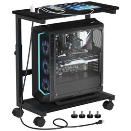 Snughome Computer Tower Stand with Charging Station, 25.0"-32.1" Height Adjustable PC Tower Stand for Floor, Mobile PC Holder with Locking Wheels Computer Cart for Home Office