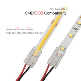 Biantie La 2-Pin LED Strip Connector 8mm, Solderless Quick Connect Clip for COB/SMD Single Color LED Light Strips, Strip to Wire Adapter, No Wire or Strip Included, 10 Pack