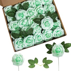 Lansdowns Artificial Flower Foam Rose 25pcs Real Looking Fake Rose with Stems Leaves for Home Decoration Party Garden Centerpieces DIY Wedding Bouquets（Aqua Green）