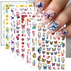 8 Sheets Butterfly Flower Nail Stickers Colorful Butterfly Nail Art Stickers 3D Self-Adhesive Floral Nail Decals for Nail Art Rose Green Leaf Cute Spring Design Nail Supplies for DIY Charms