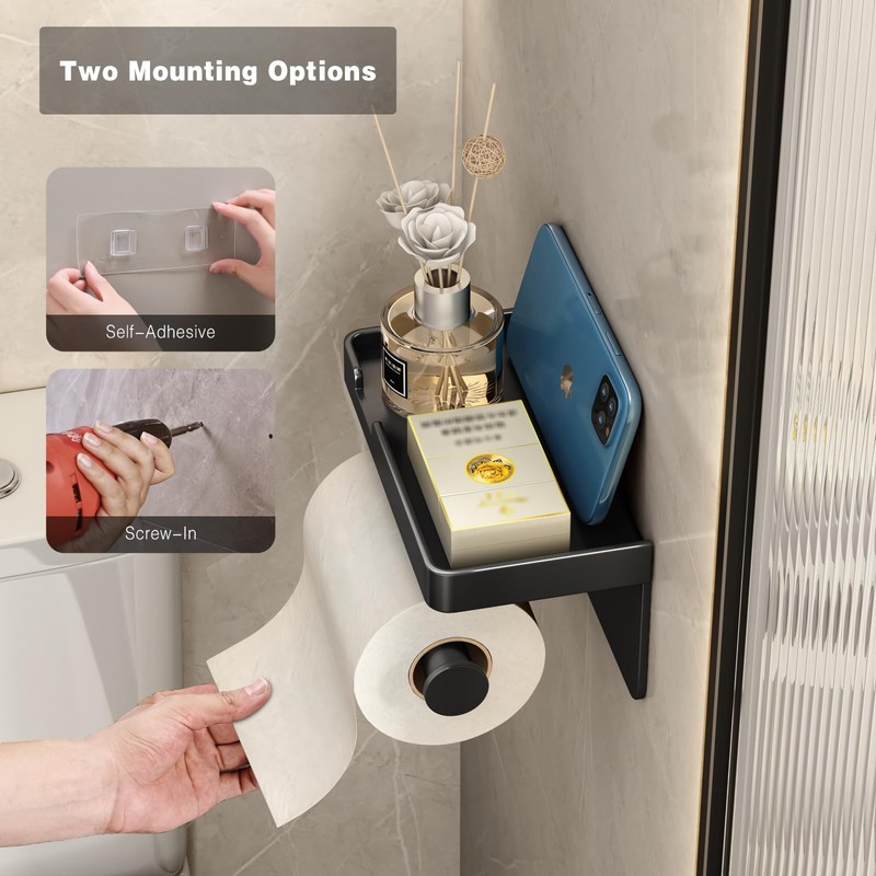 VOLDRA Toilet Paper Holder with Phone Shelf, Self-Adhesive or Screw-in