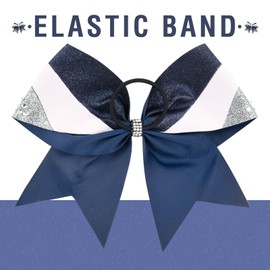 DEEKA 6 PCS 7" Large Glitter Cheer Bows with Shiny Rhinestones Three Color Stiff Hair Bows Elastic Band Ponytail Holder for for Cheerleaders Softball Girls Sports -Navy/Silver/White