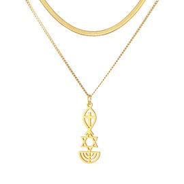 EUEAVAN Messianic Seal Necklace Messianic Seal of Jerusalem Pendant Necklace Star of David,Ichthus with Cross,Menorah,Jewish Star Necklace Religious Hanukkah Jewelry Token of Prayer (layered gold)