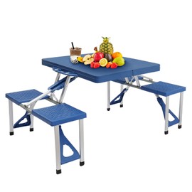 HOTYARD Foldable Picnic Table Suitcase w/4 Seats Umbrella Hole Chairs Set for Travel Camping Outdoor (Blue)