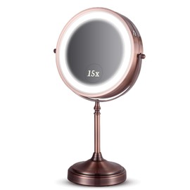 MIRRORVANA Lighted Make Up Mirror with 15X Magnification - 15X & 1X Double Sided LED Makeup Mirror with 3 Lighting Modes, Rechargeable Battery with USB Cable - 8" Wide & 15" Tall (Antique Bronze)