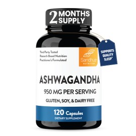 Sandhu's Ashwagandha Supplements for Men & Women | Extra Strength 950mg per Serving | Ashwagandha Root Extract Supports Quality Sleep, Focus & Positive Mood | 120 Capsules