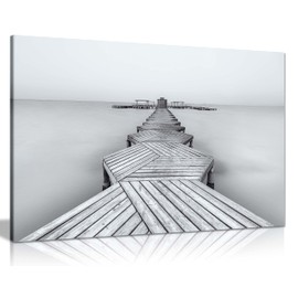 Panther Print Fine Art Prints Black & White Long Bridge on a Silky Beach water Artistic Framed Canvas Print, Pictures for Home Walls, Bedroom, Living Room & Bathroom Decor 31x20cm (12x8in)