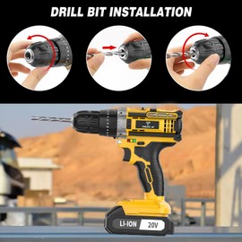 20V Cordless Drill/Driver, Electric Screwdriver - 2 Batteries, 30Nm, 21+1 Torque, 2 Speed, Keyless 3/8" Chase with LED Light (20V Drill (Yellow))