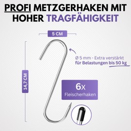 Filzada 6 x XXL Butcher Hooks Stainless Steel – 65 kg – Load Capacity – Diameter 5 mm – High-Quality Stainless Steel Smoking Hooks with Tip – Meat Hooks Smoking Hooks – S Hooks Stainless Steel Hooks