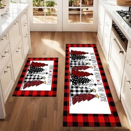 BrilliStar Christmas Kitchen Rugs Kitchen Mat Set of 2 Red Buffalo Plaid Xmas Trees Merry Christmas Cushioned Anti-Fatigue Kitchen Rugs Floor Mats for Kitchen Floor Sink Laundry, 17"x47"+17"x24"