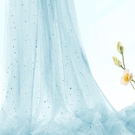 Horbaunal Light Blue Glitter Tulle Fabric Rolls 54 Inch Wide by 3 Yard Star Moon Sequin Tulle Rolls, Tulle Netting Fabric for Tutu Skrits DIY Craft Wedding Backdrop Party Decorations