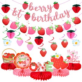 28Pcs Berry First Birthday Decor Strawberry 1st Birthday Decorations Strawberry Honeycomb Balls Banner Strawberry Tables Centerpieces for Baby Girls 1st Party Decorations(Strawberry, Red Pink)