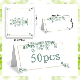 Place Cards for Table Setting, 2” x 3.5" Folding Tent Name Place Cards with Green Leaves Border for Weddings, Banquets Dinner Parties (50 Pack)