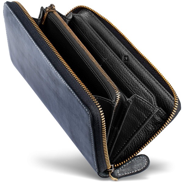 GRACIA Men's Premium Genuine Leather Long Wallet, Bridle Leather, Zip