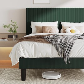Allewie Queen Size Upholstered Bed Frame with Vertical Channel Tufted Headboard, Soft Corduroy Fabric Platform Bed, Strong Wooden Slats Support, Easy Assembly, No Box Spring Needed, Dark Green