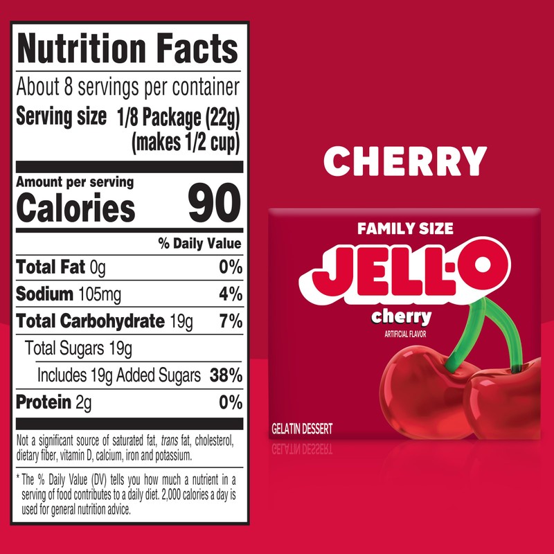 Jell-O Cherry Gelatin Dessert Mix, Family Size, 6 oz Box