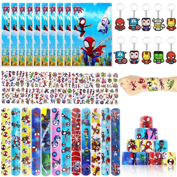 Spider Friends Party Bag Fillers for Kids Boys Girls, 42 Pcs Spiderhero Assorted Toys Pinata Filler with Slap Bands Stickers Keychains Gift Bags Lucky Dip Prize Party Favours for Birthday Gift
