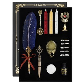 Karhood Quill Pen and Ink Set - Feather Calligraphy Dip Pen with Wax Seal Stamp Kit and 5 Nibs (Blue)